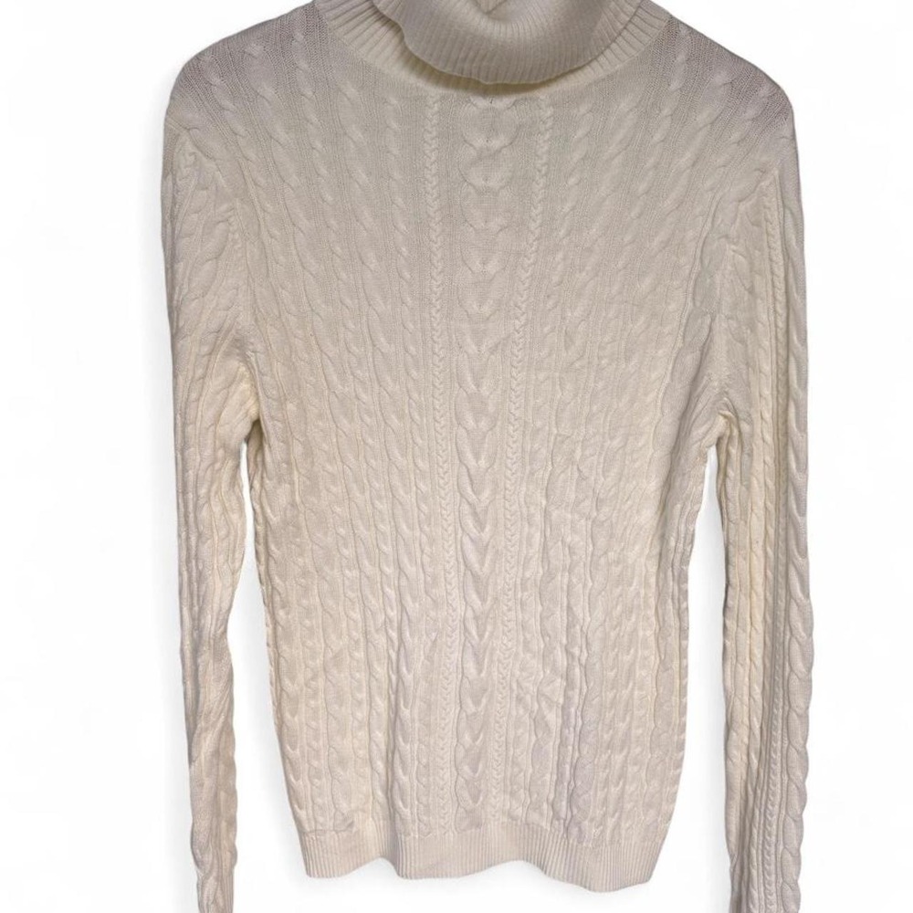 Lands' End cream-y white cable knit turtleneck sweater in size M